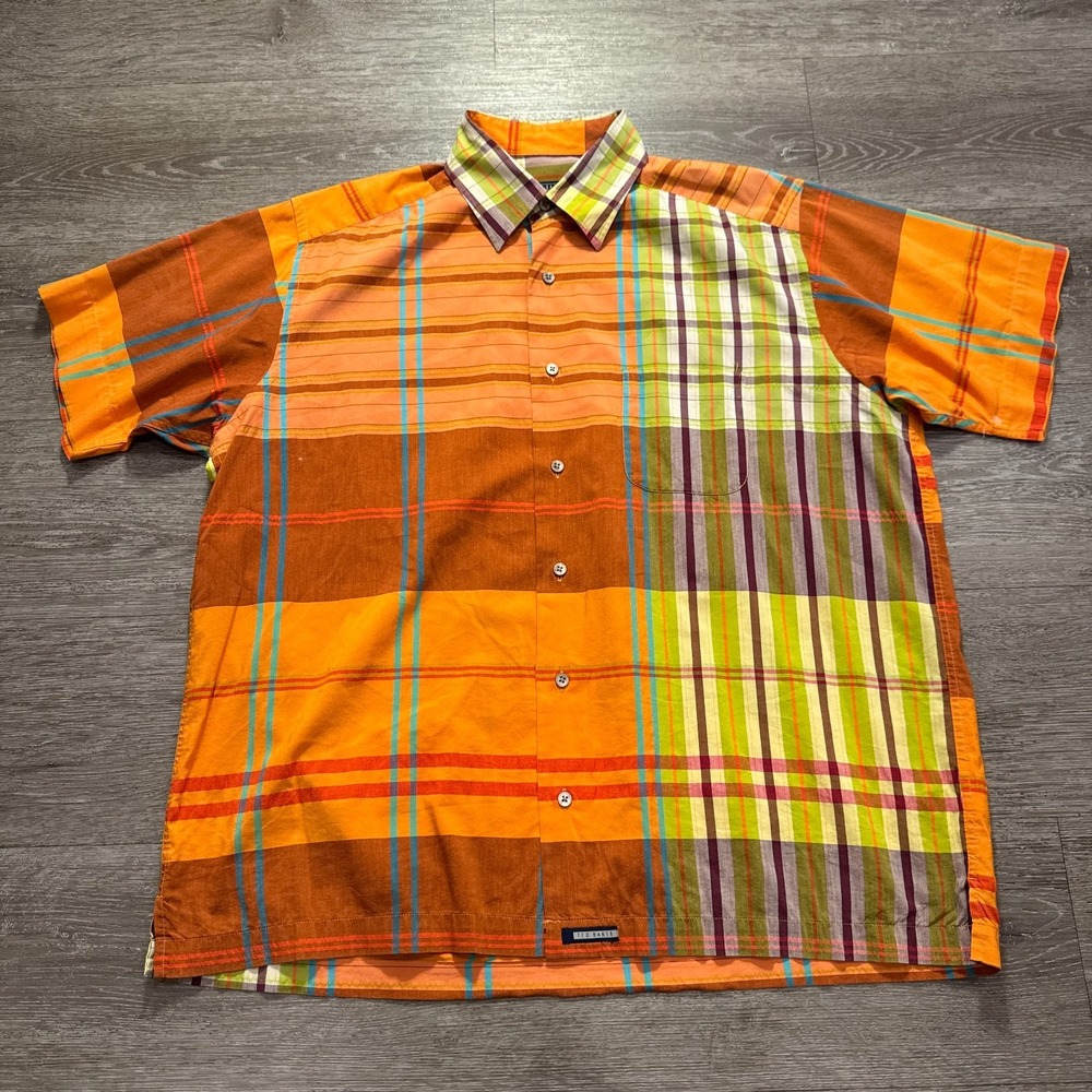 Ted Baker Shirt Mens 4 Orange Plaid Cotton Nylon Blend Button Up Short‎ Sleeve